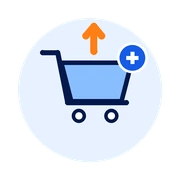 Cart icon with an upward arrow and plus sign on a light blue circle
