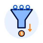 Blue funnel icon with an orange arrow and dollar sign on a light blue background