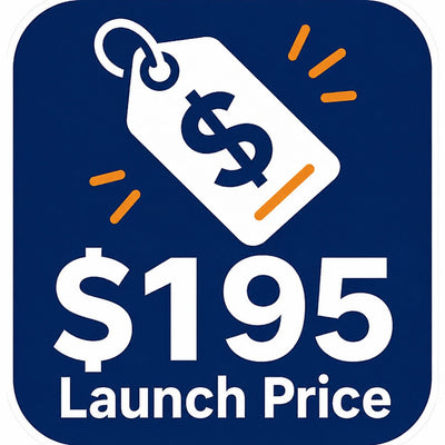 Logo with a price tag and '$195 Launch Price' text on a blue background