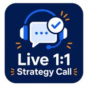 Live 1-on-1 Shopify strategy call badge with headset, chat bubble, and checkmark icon.