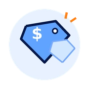 Icon of a blue price tag with a dollar sign and a lightning bolt on a light blue background