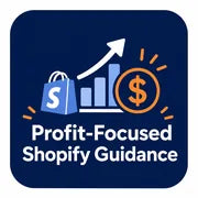 Profit-focused Shopify guidance badge with Shopify bag, growth chart, arrow, and dollar icon.