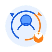 Icon of a person with a blue circle and orange lines on a light blue background