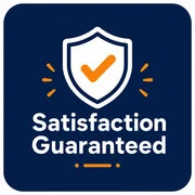 Badge with a shield and checkmark on a blue background, indicating 'Satisfaction Guaranteed'.