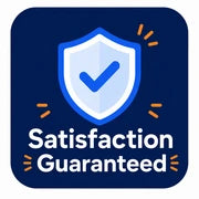 Satisfaction guaranteed badge with blue shield, checkmark icon, and orange accent marks for the Expert Shopify Profit Consultation.
