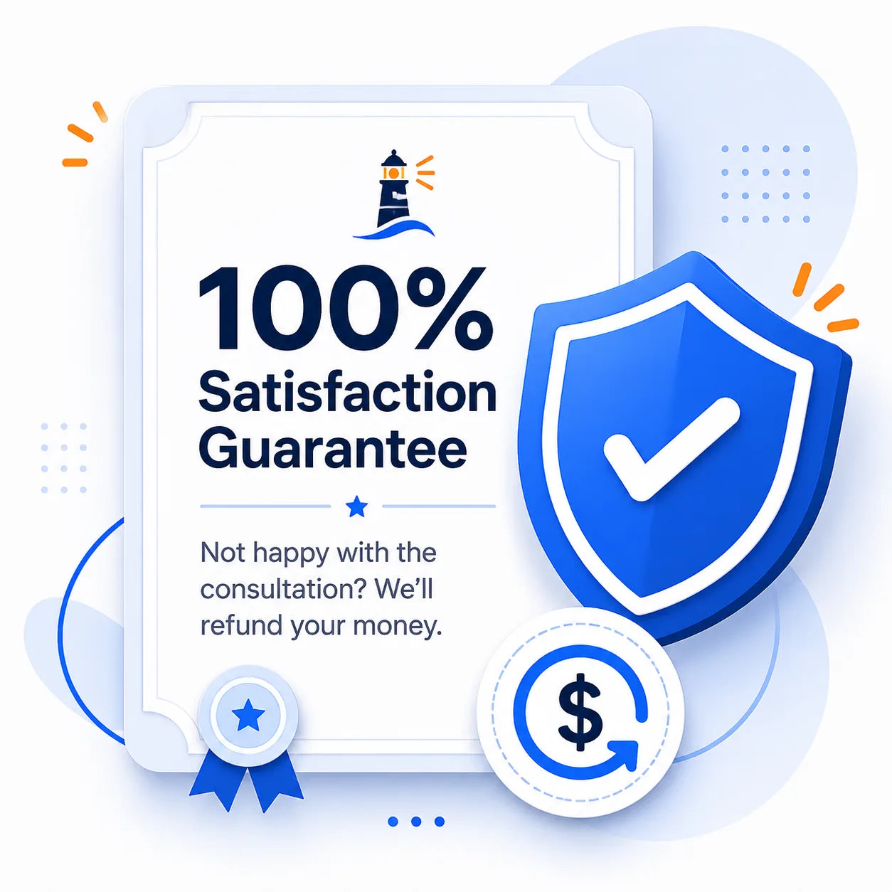 Satisfaction guarantee graphic for the Expert Shopify Profit Consultation showing a guarantee certificate, blue shield checkmark, and money-back refund icon.
