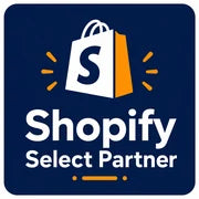 Shopify Select Partner badge with a shopping bag icon on a blue background