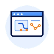 Icon of a computer screen with a shopping cart and share button on a light blue background
